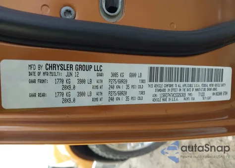 2012 Ram 1500 Laramie z USA, uszkodzony, nr VIN 1C6RD7NT0CS326369